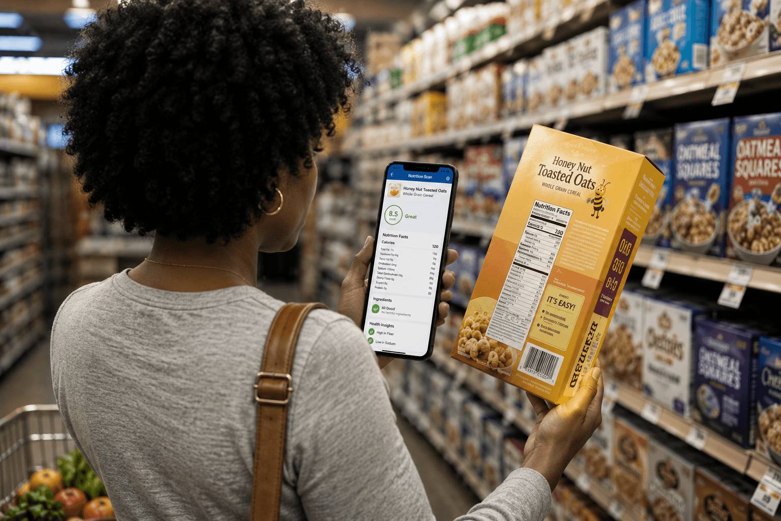 Woman scanning a grocery product with ShelfIQ in a supermarket